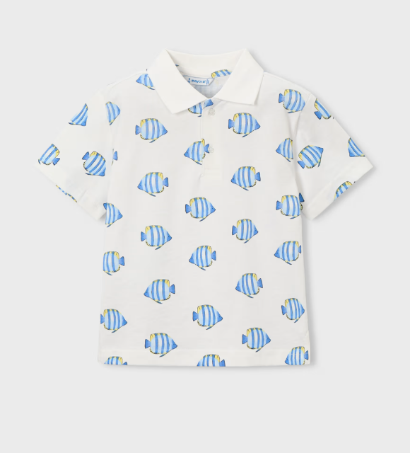Mayoral S/S Polo Shirt with Fish Print Style 3104 - White/Blue